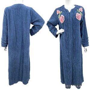 Chenille Zip-Front Bathrobe‎ with Roses 100% Cotton Blue Size M